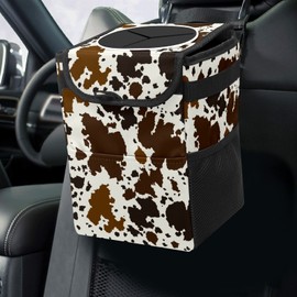 GACTIVITY Western Brown Black Cow Print Car Trash Can with Lid Collapsible Reusable Waterproof Car garage bag,Automotive Garbage Can,Car Accessories Interior Car Organizer