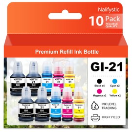 Nalifystic GI-21 G3260 G3270 Ink Bottles Compatible for GI-21 GI21 Ink Refill Bottles for G3260 G3270 G4270 G2260 G1220 G1230 G2270 MegaTank Printers (10-Pack, 4BK/2C/2M/2Y)