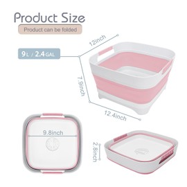 Goderewild 2024 Upgraded 2.4 Gal (9L) Collapsible Dish Basin with Drain Plug, Space Saving Multiuse Foldable Sink Tub, Dishpan, Beverage Tubs for Camping, Vegetable Washing, RV (Pink)