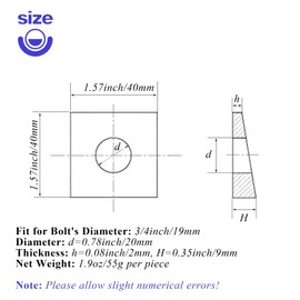 10 PCS 3/4 Beveled Square Washers in Plain Carbon Steel Oxidized,3/4(ID) x1-5/9x1-5/9 Inch for Channel Steel Wedge Shaped Washers for Shim Leveling,3 to 9 mm Thick,Black,LXLVOUEG