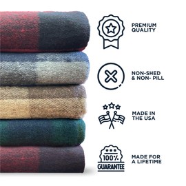 Wool Throw Blanket-Recycled Wool and Polyester Throw Blanket Grey Blue Plaid 60" x 78"