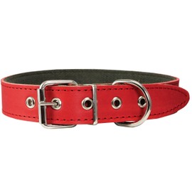 Thick Genuine Leather Dog Collar, Cotton Padded, 1.25" Wide. (Neck Circumf.: 21.5"-25", Red)