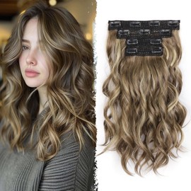 Clip in Hair Extensions - 14 Inch Wavy Synthetic Hair Extensions Clip ins (Color: Ash Brown with Beige Blonde Highlights)