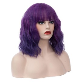 TCAIACT 14" Short Bob Wavy Curly Bangs Wig Dark Purple Ombre Air Bangs Shoulder Length Women's Charming Synthetic Wig for Cosplay Party Anime Costume+Wig Cap（Dark Purple Ombre）