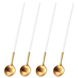7.95 Inches Satin Gold Stainless Steel 18/10 Iced Tea Spoons With White Handle,Set Of 4 Ice Teaspoons,Long Handle Coffee Stirring Spoons,Sundae Spoon For Mixing