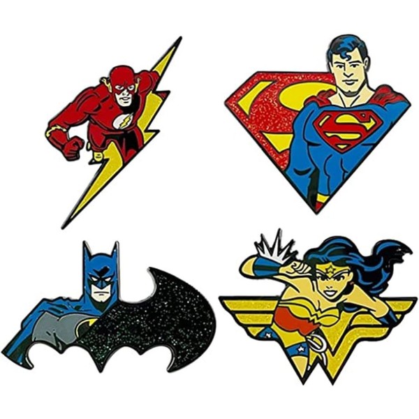 Classic Superheroes Figures With Shield Logos Metal Enamel Pin Set