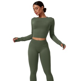 MAYROUND Workout Sets for Women 2 Piece Long Sleeve Top Hidden Scrunch Leggings Gym Set Seamless Yoga Outfit Athletic Clothes