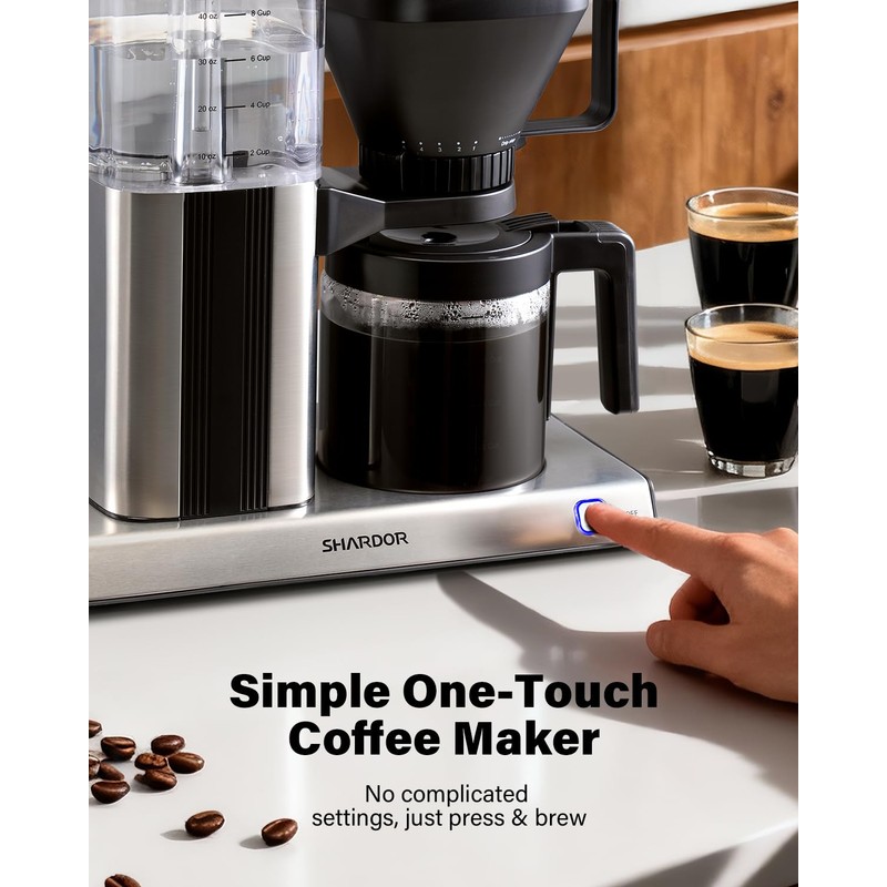 SHARDOR 8-Cup Drip Coffee Maker with Reusable Filter and Glass