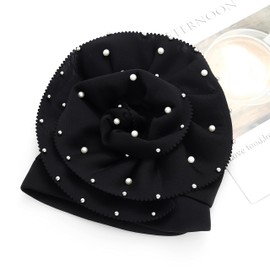 Urieo Flower Headwrap Hat African Turban Head Wrap with Pearl Elastic Beanie Head Scarf for Women (Black)