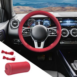 Tecledsn Genuine Leather Steering Wheel Cover, Steering Wheel Wrap, Hand Sewing Steering Wheel Cover with Needle Thread, Car Steering Wheel Protector for Max Diameter 15 Inch (Red, Hole)