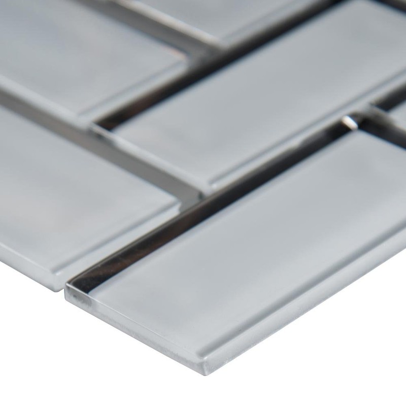 White Glass Mirror Beveled Herringbone 2'' x 4'' Tile Kitchen