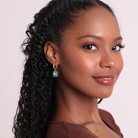 Birthstone Crystal Dangle Drop Earrings, 14K Gold Plated Huggie Hoop Hypoallergenic Earring Jewelry Gifts for Women, (Blue)