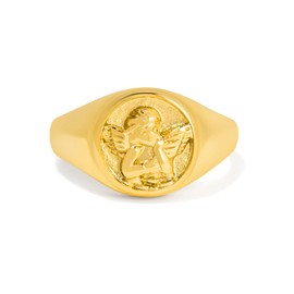 BENIQUE Gold Silver Chunky Signet Stackable Pinky Ring for Women Men, Guardian Angel Cherub, Tarnish-Resistant 18K Gold Plated Stainless Steel Size 3 4 5 6 7 8 9 10 11 (AngelSignet/G4)