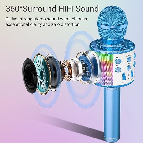 TGB Karaoke Wireless Microphone, 4 in 1 Handheld Bluetooth Microphone Speaker Karaoke Machine Dancing LED Lights, Home KTV Player Compatible with Android & iOS Devices for Party/Kids Singing (Blue)
