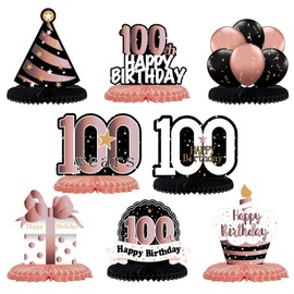 LINGTEER Happy 100th Birthday Rose Gold Table Honeycomb Centerpieces Cheers to 100th Birthday 100 Years Old Party Table Decorations Gift Sign.