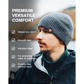 TOP-EX Large Winter 100% Merino Wool Trawler Fisherman Beanie Hat Men Women for Big Heads Warm Fleece Lined Thermal Wooly Hats for Running Golf Cold Weather Grey XL XXL