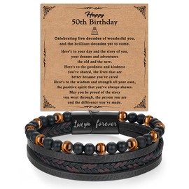 Twutqel Leather Beads Bracelet for Men, Brown Multi-Layer Braided Wrist Bracelet Magnetic Buckle Engraved Love You Forever, Birthday Gifts for Dad Husband Grandad (50th Birthday)