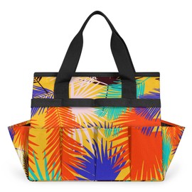 Palm Leaves Bright Garden Tool Bag Heavy Duty Waterproof Oxford Gardening Tool Tote Bag 13 Inch Garden Tool Storage Bag with Handle & 10 Pockets for Women Men Gardening Gifts