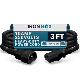IronBox Electric C14 to C13 Power Cord - 10A/250V, 18/3 AWG SJT - UL Listed IEC Cable & Jumper Cords - Heavy Duty Power Extension Cord for Desktop Computer, Monitor, Projector, PDU & More (3ft, Black)
