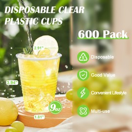 Lamosi 9oz Clear Plastic Cups, Disposable Plastic Cups for Party, Transparent Plastic Drinking Cups for Cold Drinks, Disposable Cocktail Cups for Wedding, Picnic, BBQ, Travel (9oz, 600Pack)