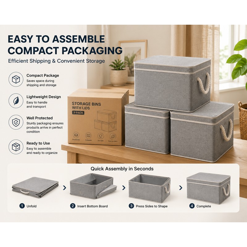 3-Pack Foldable Storage Bins with Lids, Foldable Baskets with Handles,