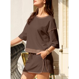 EVALESS Womens Skirt Sets 2 Piece Outfits Casual Short Sleeve Knit Pullover Tops and Elastic High Waisted Knit Mini Skirts 2025 Summer Spring Going Out Dressy Lounge Matching Set Brown Small