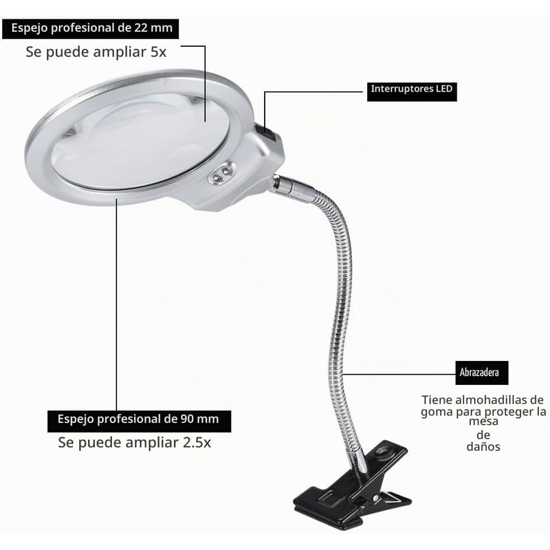 Lupa LED de Mesa con Cuello Flexible y Doble Aumento