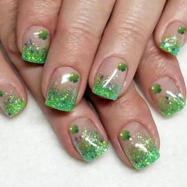Lucky Clover Press on Nails St. Patrick's Day Shamrock Fake Nails Green Glitter Gradient Glue on Nails Glossy Artificial Stick on Nails for Women DIY Saint Patrick Acrylic Nails