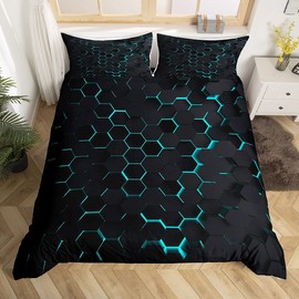Honeycomb Hexagon Bedding Set Twin Size,Geometry Duvet Cover Teal Neon Lights Bed Comforter Cover Set for Kids Boys Girls,Modern Diamond Pattern Bedding Quilt Cover Set Decorative 2 Piece