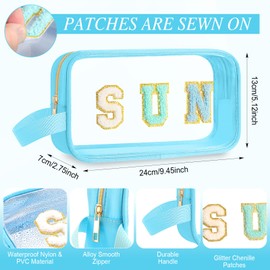 Kacctyen Clear Beach Swim Spf Makeup Bag Preppy Chenille Letter Cosmetics Bag Nylon Toiletry Bag Waterproof Monogram Makeup Travel Pouch Snack Bags for Women(Blue,Sun)