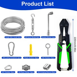 70 Pieces Rope Tension Set 30 m Stainless Steel Wire Rope 3 mm, Awning Attachment Set, Delsteel Cable Coated, Rope Tension Set, Trellis Rope System