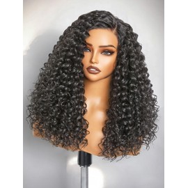 GORGIUS Glueless Water Wave Lace Front Wigs Natural Black Synthetic Curly Wig Pre Cut Pre Plucked Side Parted Hairline 20 Inch