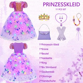 FOVER Princess Costume Children Girls Rapunzel Purple LED Dress Set with Crown Carnival Cosplay Costume Birthday Party Puff Sleeves Luminous Outfits with Accessories Wand Earrings FR065XL