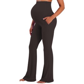 Sunzel Sunzfly Maternity Flare Leggings with Pockets Over The Belly, Buttery Soft Pregnancy Wide Leg Yoga Pants for Workout & Daily Wear,32 Inseam Seal Brown M