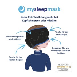 mysleepmask Comfortable cotton sleep mask, L/XL, for absolute peace and darkness, 2 pockets for gel pads, foam padding for ears [incl. 2 x gel pads, 2 x ear plugs, head circumference approx. 59 - 63 cm]