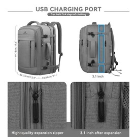 AREYTECO Carry On Backpack, 50L Extra Travel Laptop Backpack for Men Women, Big Bag Business Travel Essentials Gifts for men, 17 Inch Laptop Backpack Computer Bag Gifts for Him Men, Grey