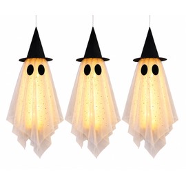 Halloween Ghost Hanging Decorations for Yard & Trees – Spooky Mesh Ghosts with Witch Hats for Outdoor Décor 3 Pcs
