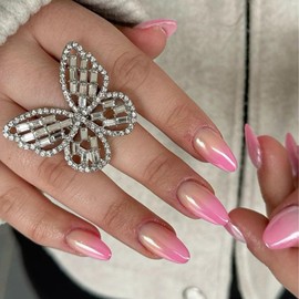 YOSOMMK Ombre Pink Chrome Press on Nails Almond Medium Fake Nails with Mirror Designs Glossy Glue on Acrylic False Nails for Women and Girls