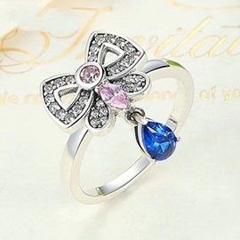 PAHALA 925 Sterling Silver Pink Blue Crystals Bow-Knot Cubic Zirconia Pave Wedding Engagement Band Ring 7