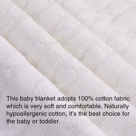 NTBAY 100% Pure Cotton Cable Knit Toddler Blanket, Super Soft and Warm Breathable Baby Blanket for Cot Bed, Stroller, Nursery, Travel, Newborn, White, 76x102 cm