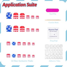 4th of July Press on Toenails Short Square Patriotic Fake Toenails Independence Day False Toenails with Stars Designs Glossy Gel Glue on Toenails Acrylic Toenails for Women Girls 24Pcs