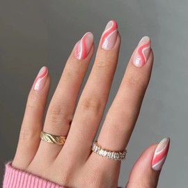 24PCS Short False Nails with Glue Stickers, Coffin Full Cover Acrylic Nails Press on Nails no Glue,Red White Waves French Tip Fake Nails Stick on Nails for Women and Girls Nail Art.