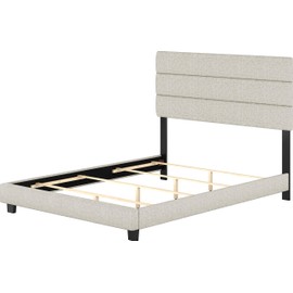 Boyd Sleep Ravenna Upholstered Platform Bed Frame Mattress Foundation with Tri-Panel Headboard and Strong Wood Slat Supports: Linen, White, Full