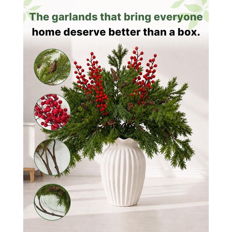 16Pcs 25'' Christmas Greenery with Red Berries,Artificial Pine Branches, Artificial