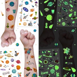 Temporary Fake Space Planets Glow In The Dark Tattoos For Kids, 50+ Pcs Space Astronaut Rocket Ship Alien Party Toys Favors Birthday Decorations For Boys Girls Teens(4 Sheets)