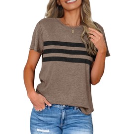 LEANI Women’s Short Sleeve T Shirts Crewneck Striped Color Block Tunic Tops Loose Casual Summer Tee, Coffee, XL