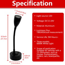 12V Short Gooseneck Light with Switch - Boat Reading Lamp Adjustable Warm White Spotlight with Dimmable Button Switch Designed for RV, Caravans, Boats, Motor Homes Inside as Bedside Light 2Pcs