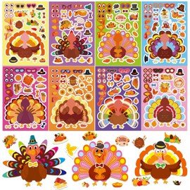 Qpout 24 Sheets Make Your Own Turkey DIY Stickers,Thanksgiving Make-A-Turkey Activities Stickers,Thanksgiving Crafts for Kids for Turkey Games Thanksgiving Fall Family Party Favors Supplies