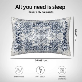 Silk Like Pillowcase for Hair and Skin Retro Boho Blue Carpet 1 Pack Satin Pillowcase with Hidden Zipper Soft Breathable Smooth Cooling Pillow Cover King Size for Bedroom Sofa 20”x36”