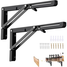 HaiPal Folding Shelf Brackets, 12'' 2Pz Heavy Duty Stainless Steel Collapsible Triangle Shelf Bracket,Black Shelf Brackets with Screws Metal Shelf Brackets Shelf Support Angle Brackets for Bench Table